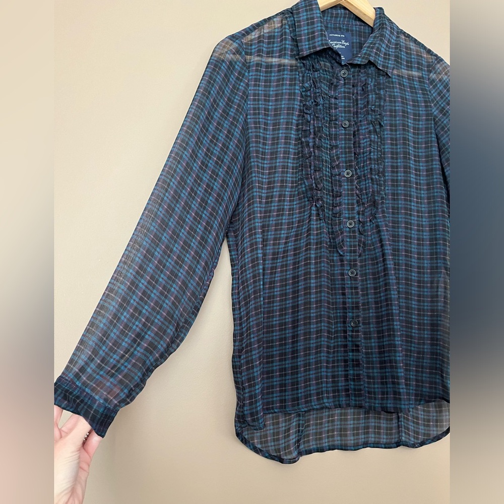 {American Eagle} Plaid Semi-Sheer Button Down Shirt with Ruffle Trim - Medium - Picture 4 of 9